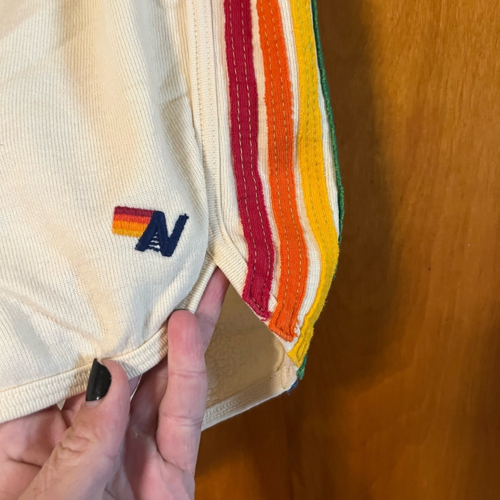 Aviator Nation 5 stripe Cream Shorts with Rainbow Stripes - Picture 3 of 7
